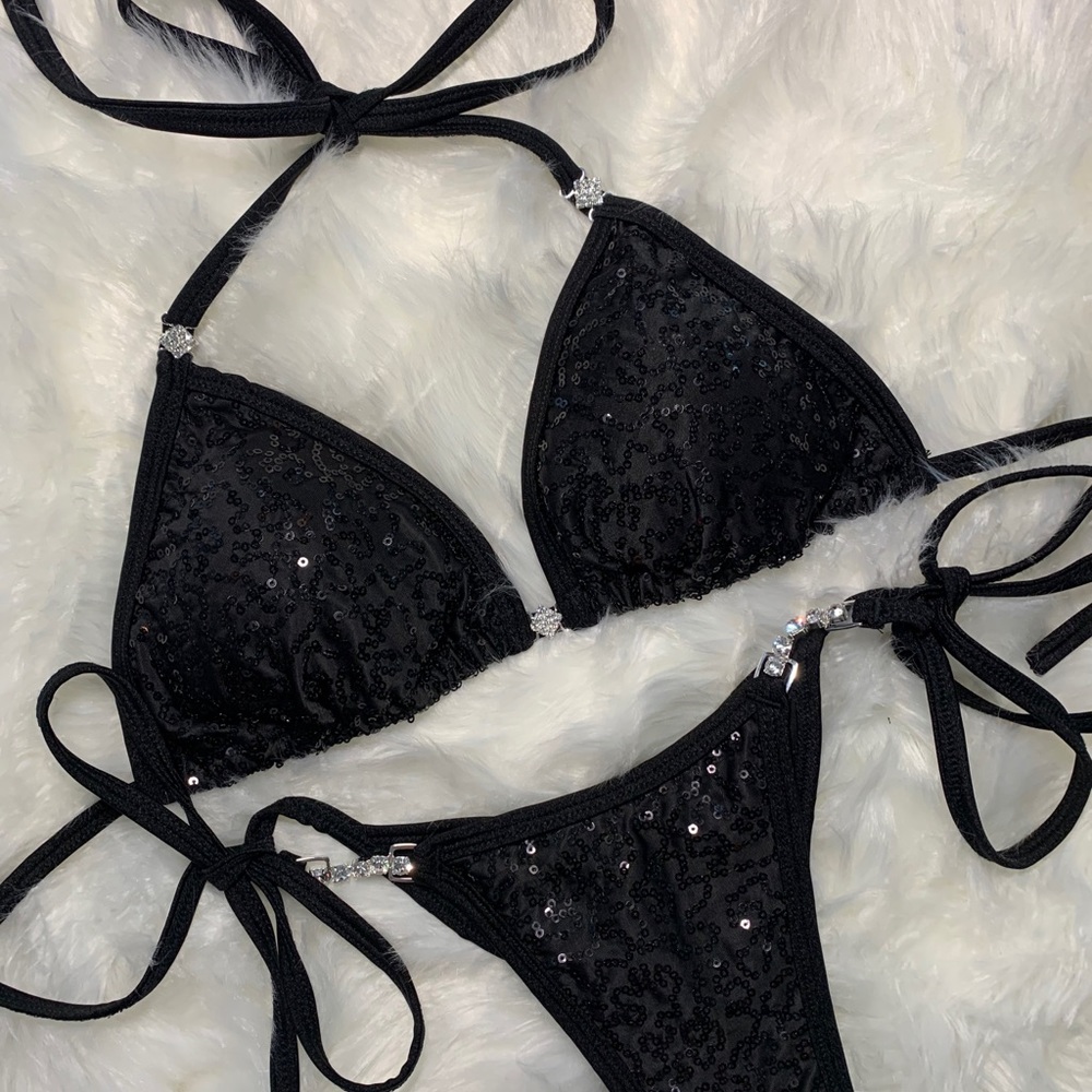 Black sequins competition prep bikini suit